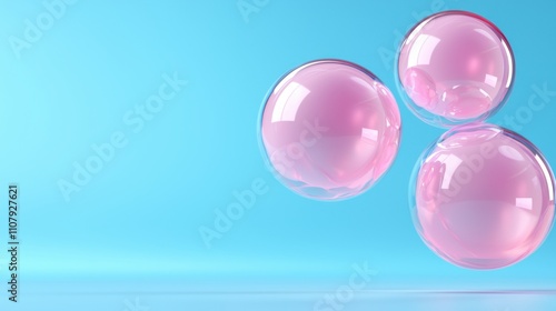 Three pink spheres floating in the air against a light blue background. the spheres are spherical in shape and appear to be made of a shiny, transparent material.