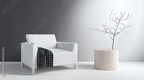 Wallpaper Mural Modern living room with a white armchair and a small round side table. the armchair is upholstered in a light grey fabric and has a black and white plaid blanket draped over it. Torontodigital.ca