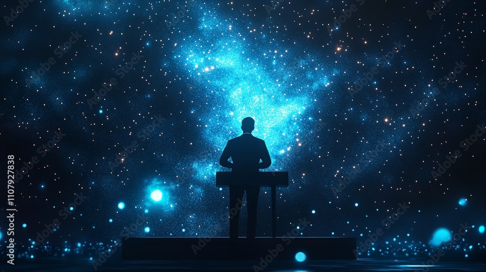 Abstract Image of a Business Man Standing Behind Rostrum in the Form of a Starry Sky Abstract Image of a Business Man Standing Behind Rostrum in the Form of a Starry Sky