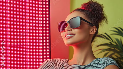 A woman with curly hair showcases oversized sunglasses against a vibrant backdrop with illuminated infrared led panels, exuding confidence photo