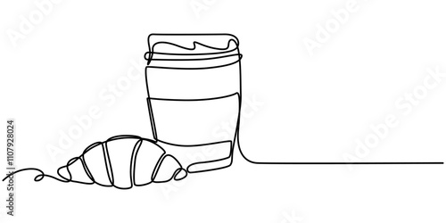 Single one line drawing croissant with paper cup filled with hot sweet tea. Continuous one line design graphic illustration, pro vactor ,Woke up late. Brought to the office. National Croissant Day.   