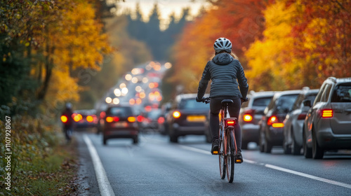 Wallpaper Mural A cyclist rides along a congested road amidst vibrant autumn leaves, showcasing a contrast between nature and heavy traffic Torontodigital.ca