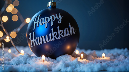 Happy Hanukkah ornament on snow with festive lights photo