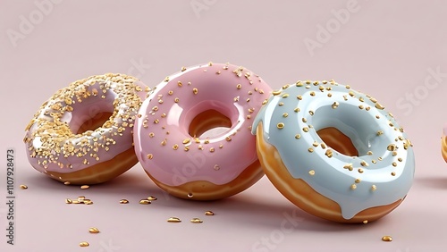 3d illustration, 3 hovering glazed porcelain donuts with gold sprinkles, pink and blue  pastel colors 