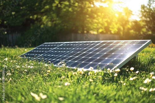 Solar power system positioned on vibrant greenery beneath radiant sunlight, symbolizing renewable energy solutions and environmentally conscious lifestyle choices photo