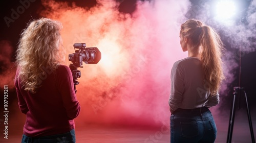 Two artists in a studio explore creative photography, surrounded by dynamic lighting and colorful smoke, aiming to capture unique and vibrant compositions. photo