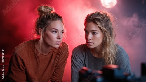 Two twin women photographers are engrossed in their craft, surrounded by pink smoke and creative lighting, capturing vibrant and dynamic moments on camera. photo