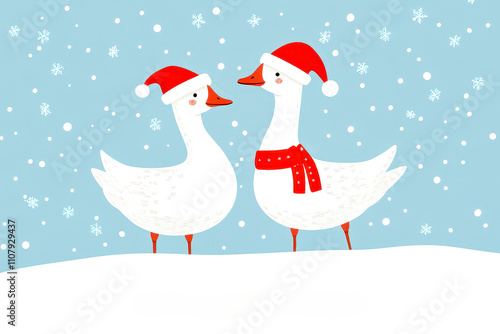 Two cheerful geese adorned with red Santa hats and a scarf stand together against a snowy backdrop photo