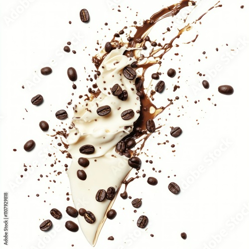 Coffee beans and cream splash, isolated on white. (1)