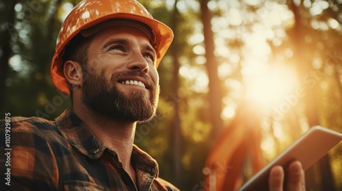 A smiling construction worker in a hard hat with a tablet in hand, captured in warm sunlight, showcases productivity and satisfaction on a job site. photo