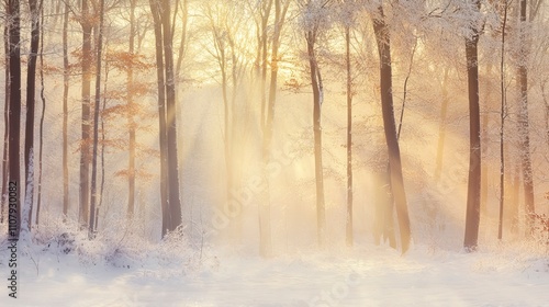 Close Up of a Sun Shining Through a Snowy Evergreen Forest Winter Solstice Symbols ,Winter seasson, Happy New Year, Happy christmass