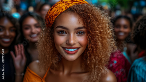 A cheerful young woman showcases her bright smile and eye-catching scarf while enjoying a fun celebration with friends in the city