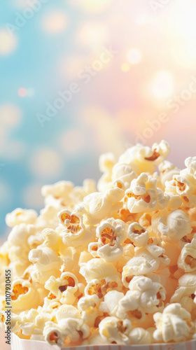 Popcorn pile with pastel bokeh background, concept of fun and relaxation