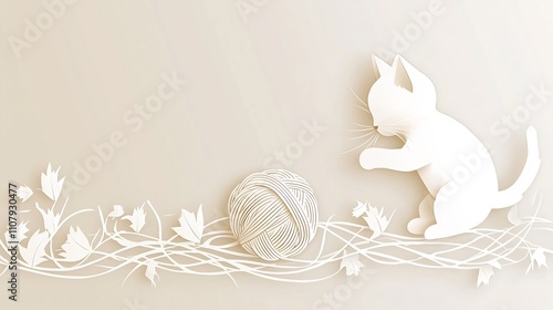 Charming paper cut style of a playful kitten batting at a ball of yarn rendered in soft soothing pastel colors for a gentle decorative aesthetic photo