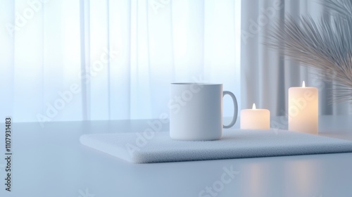 Wallpaper Mural White mug and two white candles on a light blue surface. the mug is placed in the center of the image, with the two candles on either side of it. Torontodigital.ca