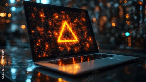 user or developer working on laptop computer with triangle caution warning sign for notification error and maintenance concept computer virus detected personal data protection network securit photo