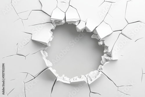 A circular hole in a cracked white surface, suggesting destruction or breaking through barriers. photo