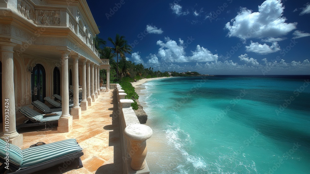 Obraz premium A serene beachside view featuring luxurious architecture and clear turquoise waters.