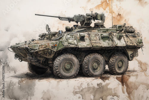 A military armored vehicle depicted in a detailed watercolor style. photo