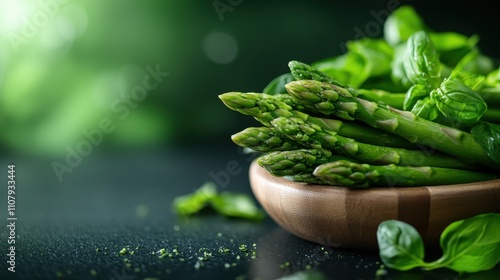 A vibrant still life image of green asparagus spears neatly arranged in a wooden bowl, complemented by fresh green leaves, evoking a sense of natural freshness. photo