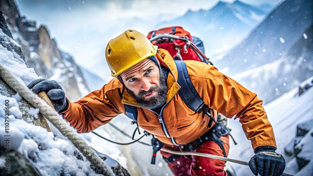 An up-close view of a resolute mountain climber in perilous circumstances. An up-close view of a resolute mountain climber in perilous circumstances.