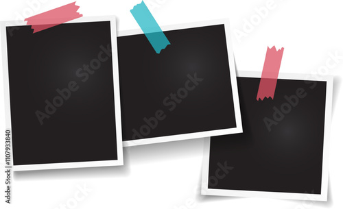 Three blank instant photo prints displayed with colorful adhesive tape, perfect for memories and creative projects. Customize them for diy decoration, greeting cards, and more