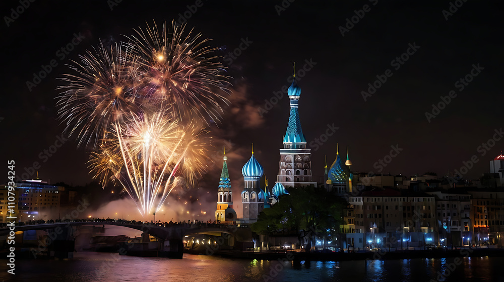Naklejka premium red fireworks is showing its beauty on a black starry sky for new year beside a mosq.