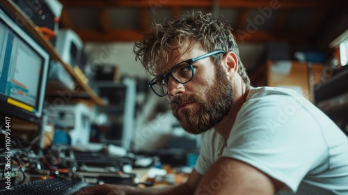 A man with glasses and beard intensely focuses on work. He is surrounded by electronic equipment in a cluttered workshop environment filled with technology. photo