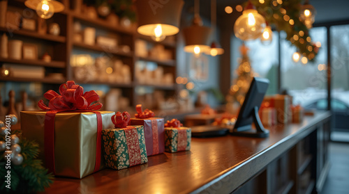Festive Retail Counter with Wrapped Presents and Modern Payment System
