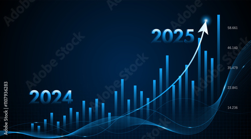 Arrow pointing upwards for future company growth in 2024 to 2025. Stock market graph with rising candles. Ideas for growing a profitable business or investment	