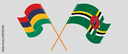 Crossed and waving flags of Mauritius and Dominica. Vector illustration