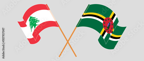 Crossed and waving flags of the Lebanon and Dominica. Vector illustration