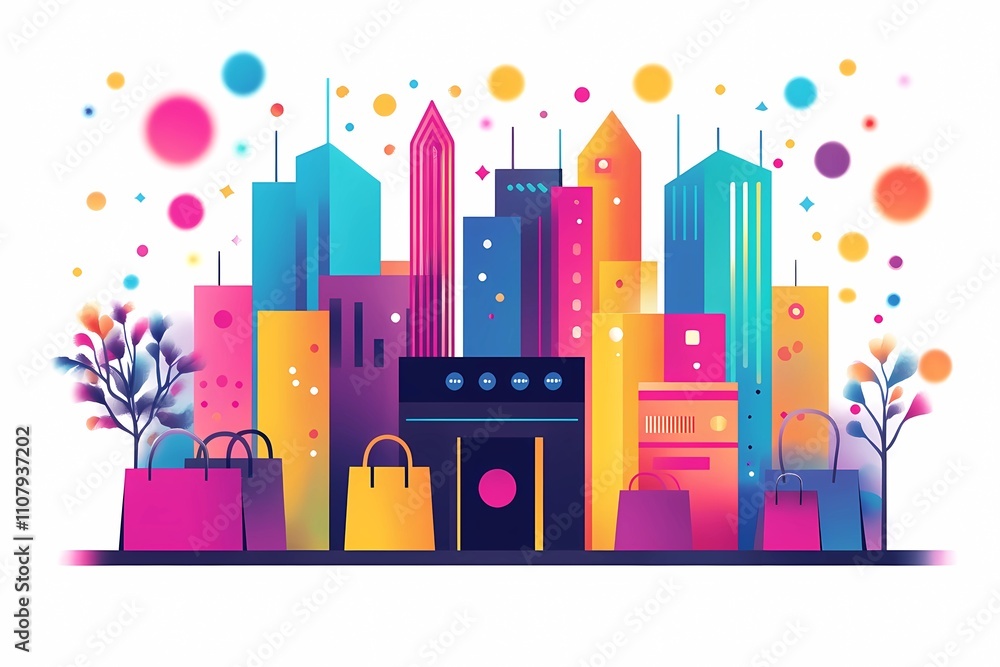 Fototapeta premium Holiday sales and discounts. Colorful gift bags and boxes and colorful buildings on a white background. New Year and Christmas sales and discounts in the city