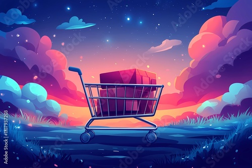 Holiday sales and discounts. Supermarket cart with red shopping carts, boxes and bags on blue background with pink and purple clouds. New Year and Christmas sale and discounts