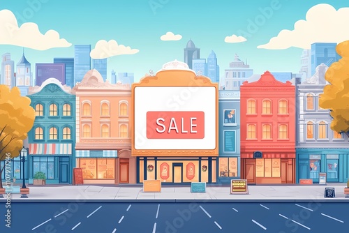 Holiday sales and discounts. 4 buildings with stores and a “Sale” sign celebrating holiday discounts and sales on a city street against a backdrop of blue skies and clouds