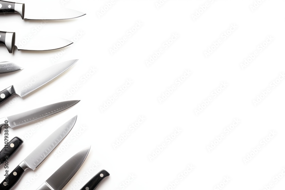 Obraz premium A collection of kitchen knives is displayed on a white surface, showcasing different types suitable for various culinary tasks and techniques. Generative AI