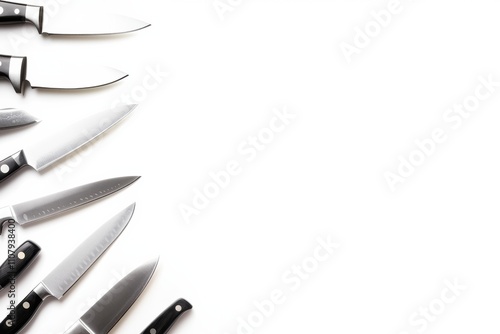 A collection of kitchen knives is displayed on a white surface, showcasing different types suitable for various culinary tasks and techniques. Generative AI photo