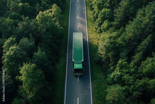 Aerial view of a green truck traveling on a road surrounded by lush trees.