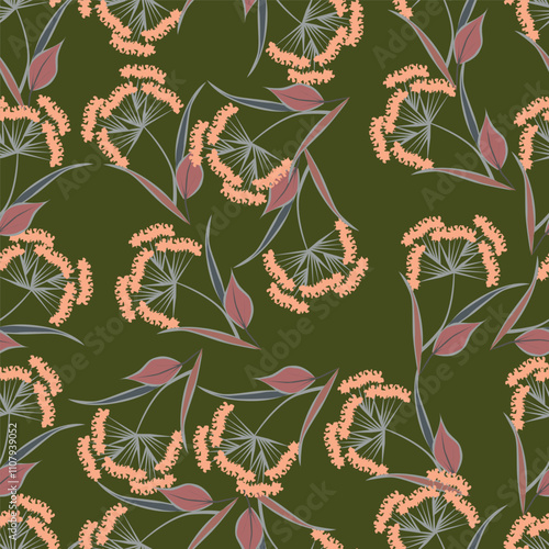 Trendy Floral pattern in the many kind of flowers. Tropical botanical Motifs scattered random. Seamless vector texture. Printing with in hand drawn style on dark background