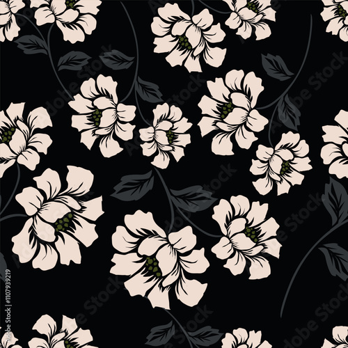 Trendy Floral pattern in the many kind of flowers. Tropical botanical Motifs scattered random. Seamless vector texture. Printing with in hand drawn style on dark background