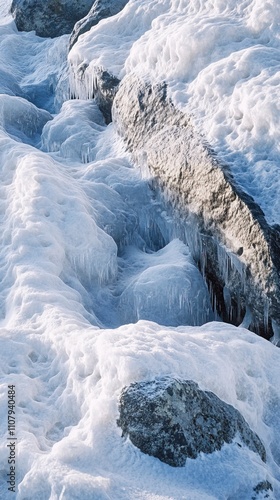 Close Up of Rocky Mountain Peaks with Icy Cliffs and Snow Drifts Snow Covered Mountains and Peaks ,Winter seasson, Happy New Year, Happy christmass 
