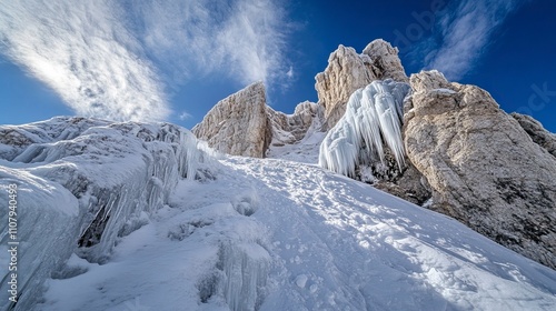 Close Up of Rocky Mountain Peaks with Icy Cliffs and Snow Drifts Snow Covered Mountains and Peaks ,Winter seasson, Happy New Year, Happy christmass 