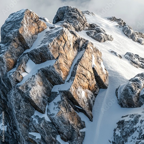 Close Up of Rocky Mountain Peaks with Icy Cliffs and Snow Drifts Snow Covered Mountains and Peaks ,Winter seasson, Happy New Year, Happy christmass 