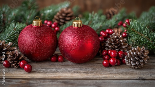 Festive decorations with red ornaments, pinecones, and greenery for Christmas celebration.