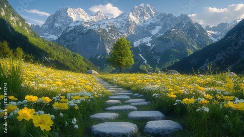 A serene pathway through a flower-filled meadow leading to majestic mountains.