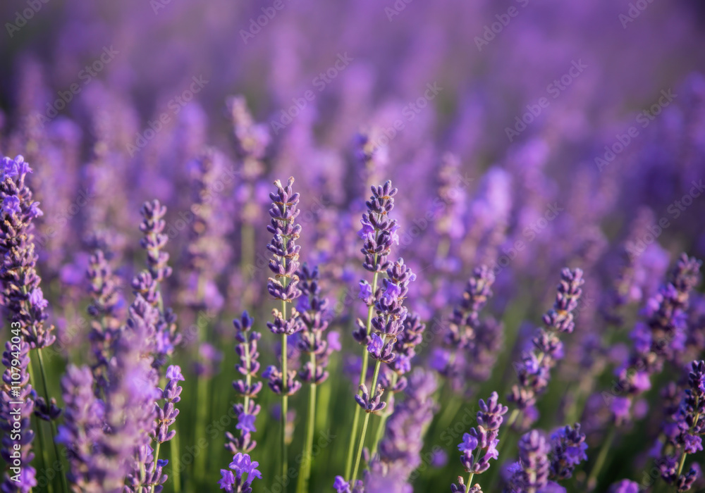 Fototapeta premium Lavender flowers blooming in a large field, creating a beautiful purple and green background