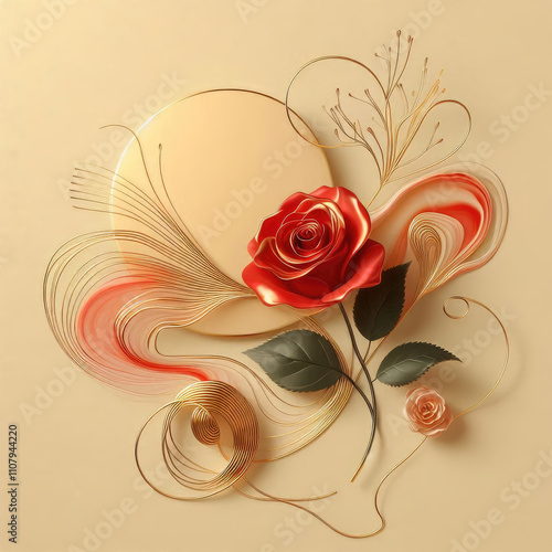 Minimalist Valentine’s Day Golden light, fluid colors inscription with a single red rose, gold accents