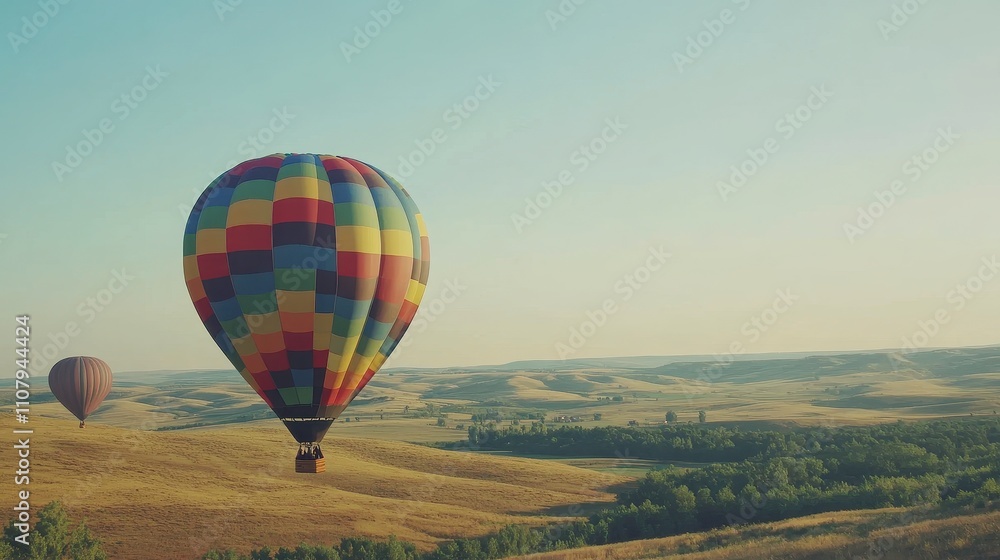 Fototapeta premium Vibrant Hot Air Balloons Over Scenic Landscape
