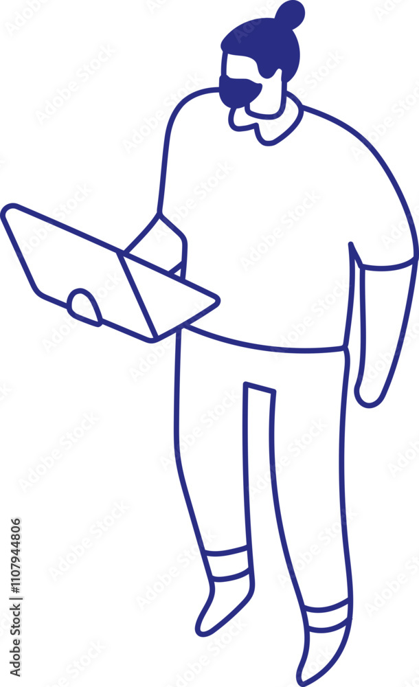 Obraz premium Man standing with laptop hand drawn linear isometric vector illustration