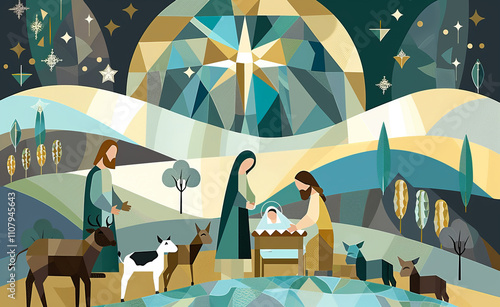  Christmas nativity scene, with Mary and Joseph ,bright star above them,  photo